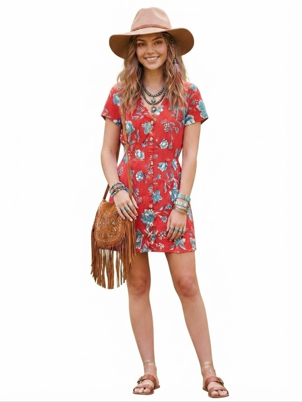 Patrons of Peace NEW Red Floral Smocked Boho  ButtonFront Mini Dress Cottagecore